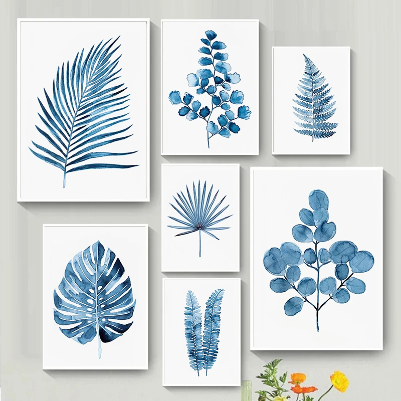 Tranquil bleu rétro esthétique abstrait feuille plante Art affiche impressions sur toile peinture murale salon chambre décoration de la maison