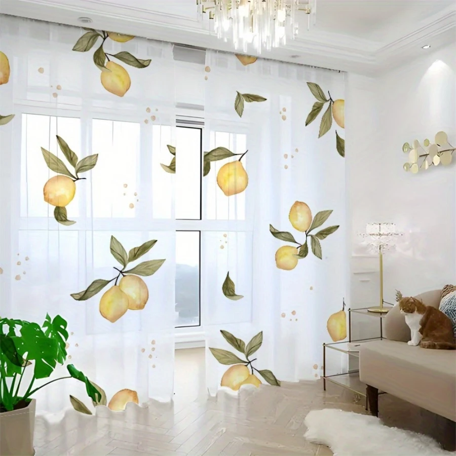 2PCS Digital Printed Sheer Curtain, Fresh Lemon Citrus Print, Bright Summer Zesty Fruit for Living Room Bedroom Home Decor