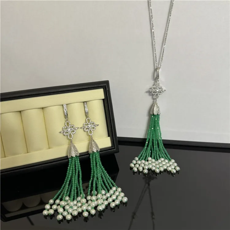 Naural Green Agate White Pearl Pendant CZ Chain Necklace Earrings Sets Cute Style For Lady Women Gift Jewelry