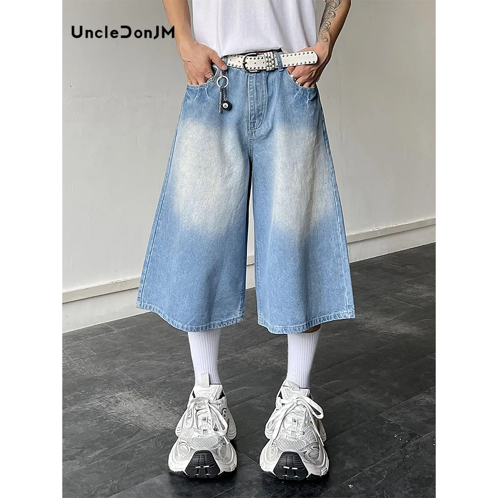 Blue Wash Jorts 2024 Men's Loose Wide-leg Cropped Pants Hip Hop Streetwear Calf-length Pants Men Y2k Jeans