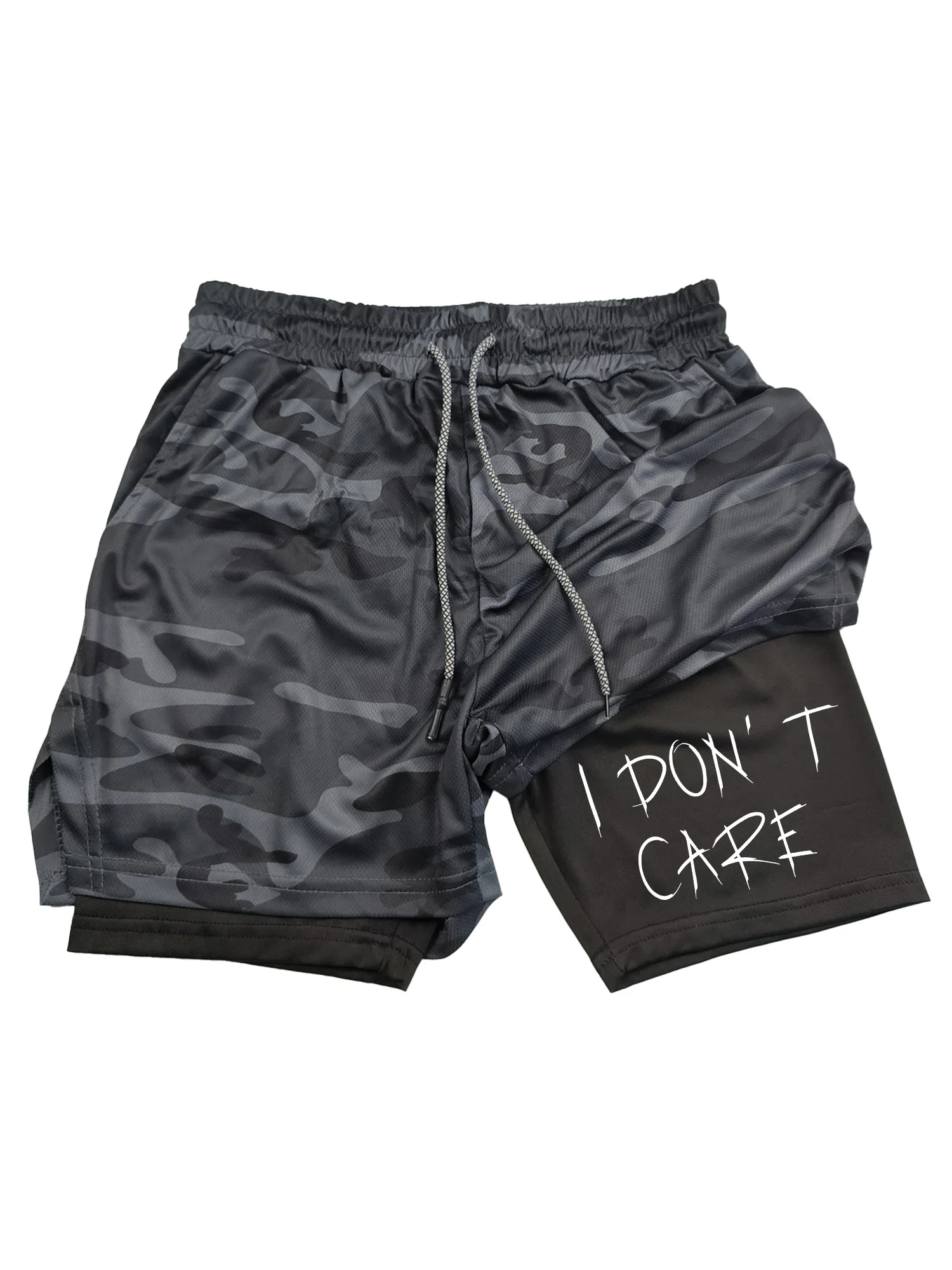 

Men's double-layer sports shorts with "I DON'S T CARE" printed breathable and sweat resistant phone bag and towel ring design