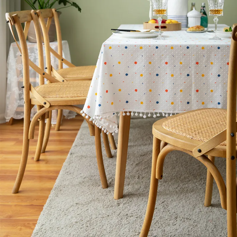 

Doodle Geometric Jacquard Tablecloth with Pompom Fringe - French Country Style, Cotton Rectangular Table Cover