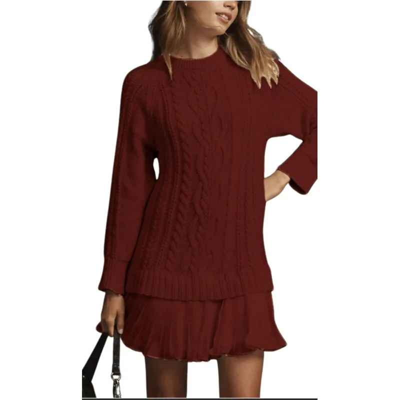 Women'S Crew Neck Dress Imitation Two-Piece Pleated Hem Design Loose Casual Long-Sleeve Suit Suitable Autumn And Winter