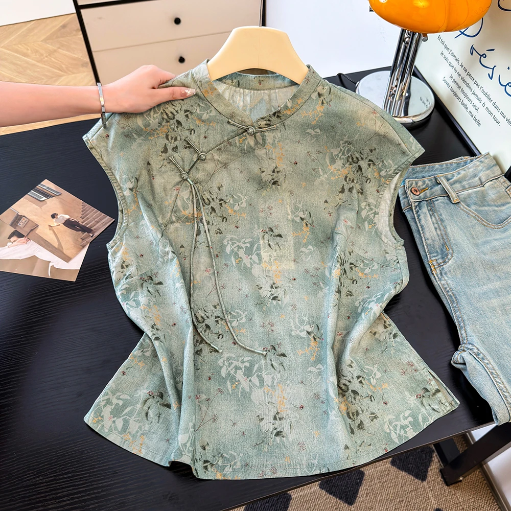 

Slim Fit Collarless Printed Shirt Chinese Style Original Artistic Retro Button Embellished Good Luck Tunic for Women