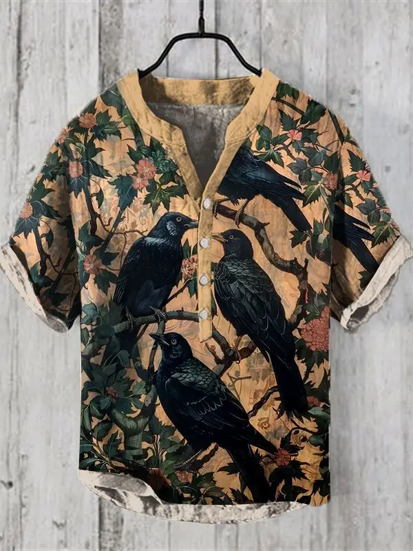 2024 new Japanese style crow pattern art print men\'s short sleeved button up shirt fashionable and casual, suitable for street w