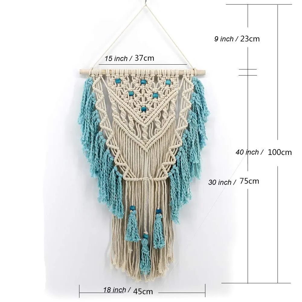 Macrame Wall Hanging Woven Wall Art Aqua Blue Color Tassel Macrame Tapestry B...