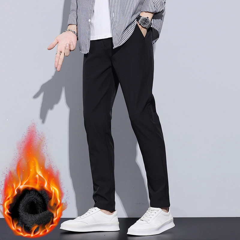 スリムメンズフリースカジュアルパンツ冬新作厚手プラッシュおしゃれ韓国風フットパンツフリース男性用暖かいビジネスパンツ