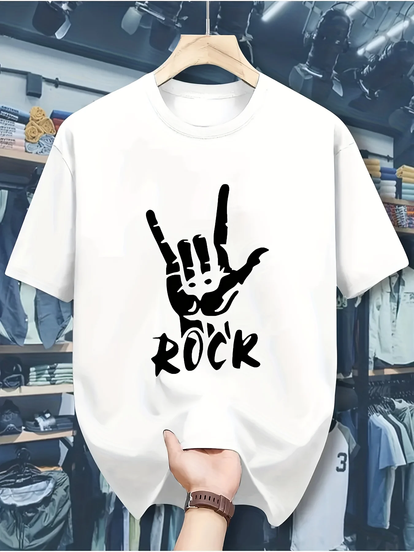 Men's Rock Gesture Graphic T-shirt, Casual Round-neck T-shirt