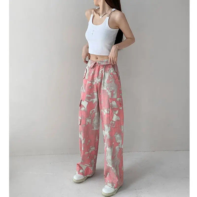 Tie Dye Camouflage Cargo Pants For Women Summer Clamshell Waist Design Loose Thin Wide Leg Pants 2023 New