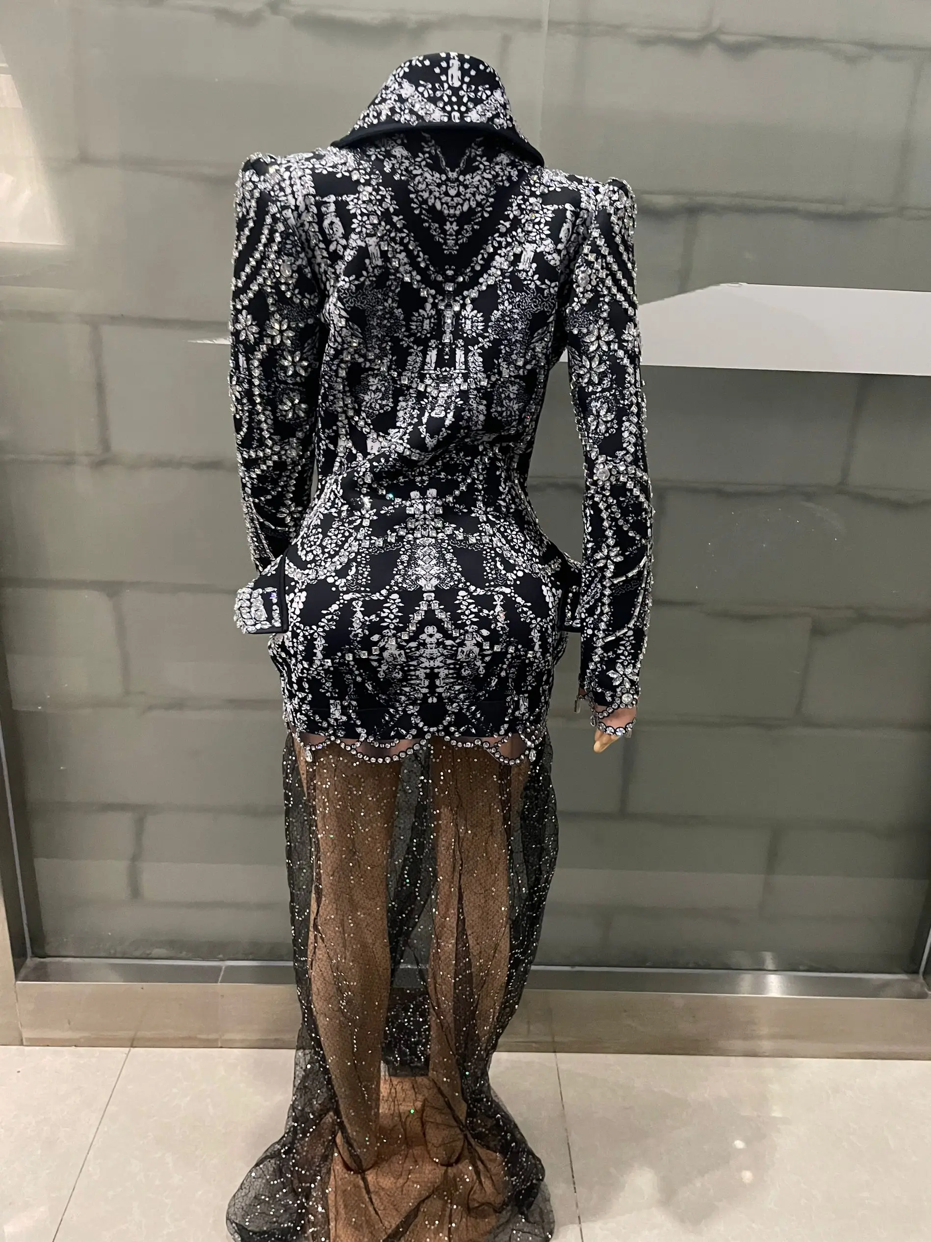 Kristalle Strass Abend Party Lange Tas Kleid Frauen Quaste Club Kleid Schwarz Sexy Jazz Sänger Tänzer Bühne Kostüme