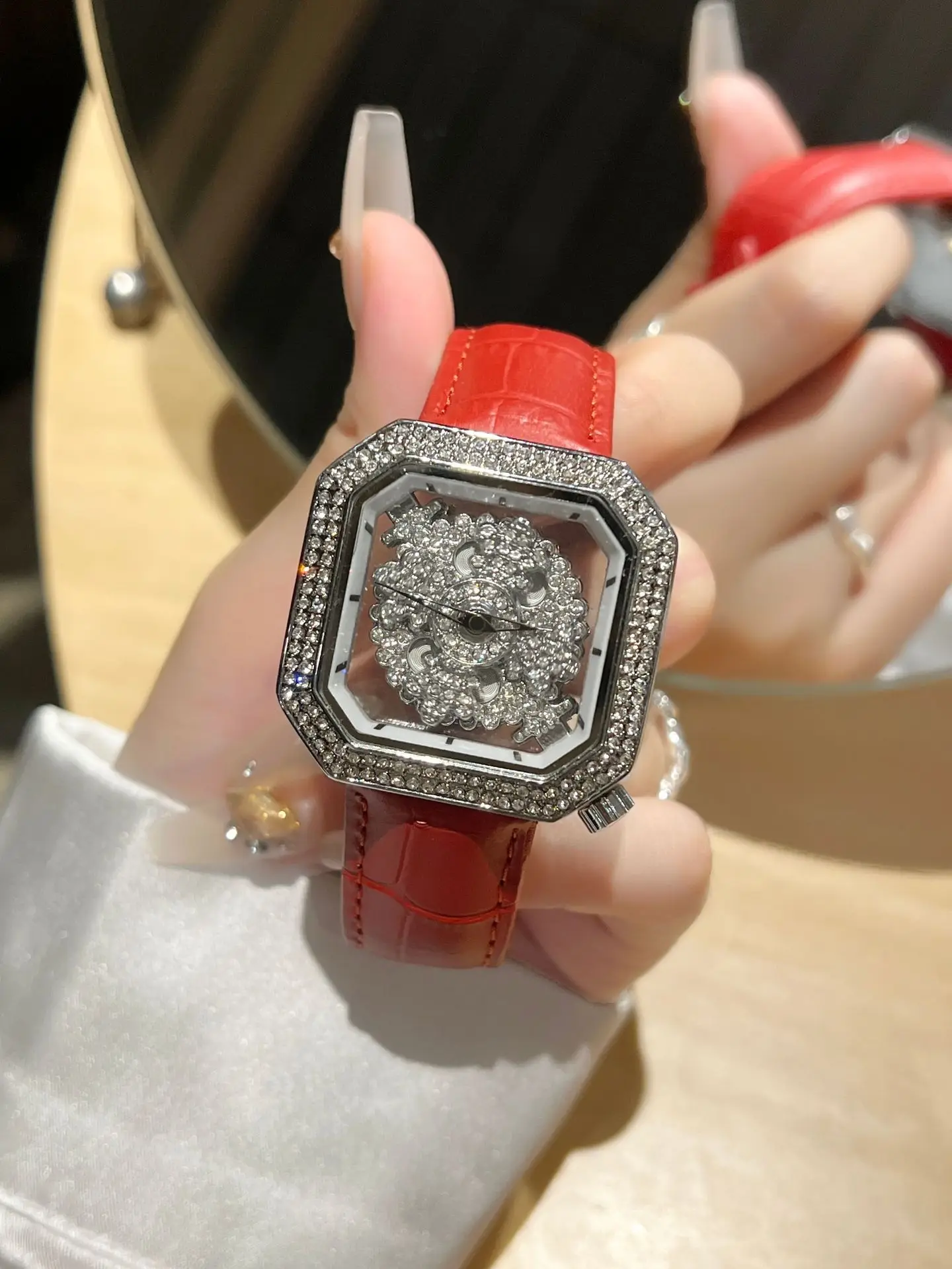 KAIRIS Women's Luxury Rhinestone Octagonal Watch Floral Crystal Dial Leather Strap Elegant Fashion Wristwatch