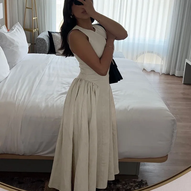 Single Button Chest Hollowed Out Solid Long Dress for Women Elegant O Neck Cut Out Zipper A-line Sleeveless Summer Street Robes