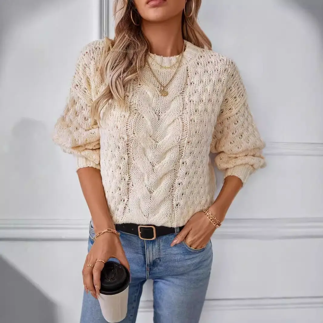 New Autumn-winter Style Open-weave Eight-piece Pullover Loose Round-neck Retro Knitted Sweater