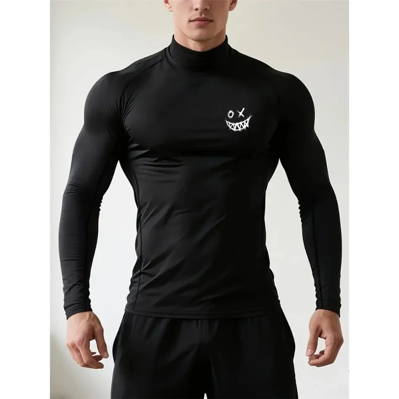 Men Funny Smiley Print Quick-drying Tight Top Gym Workout T-shirt Training Stretch Turtleneck Breathable Sports T-shirt S-3XL