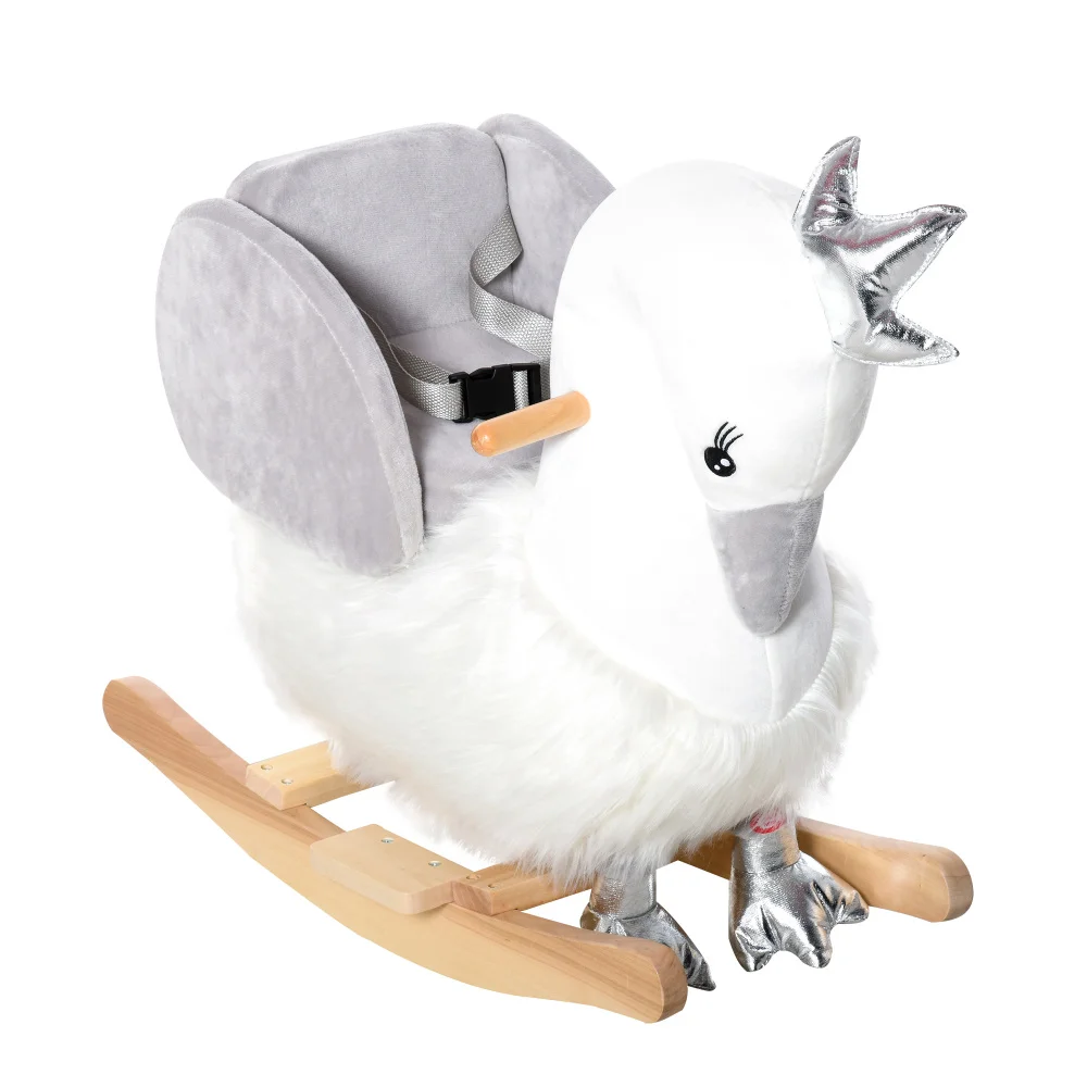 Hobbelpaard, kinderrit op paard Swan Rocker met geluid, pluche zitting, houten basis, veiligheidsgordel, voor peuters 18-36 maanden, wit