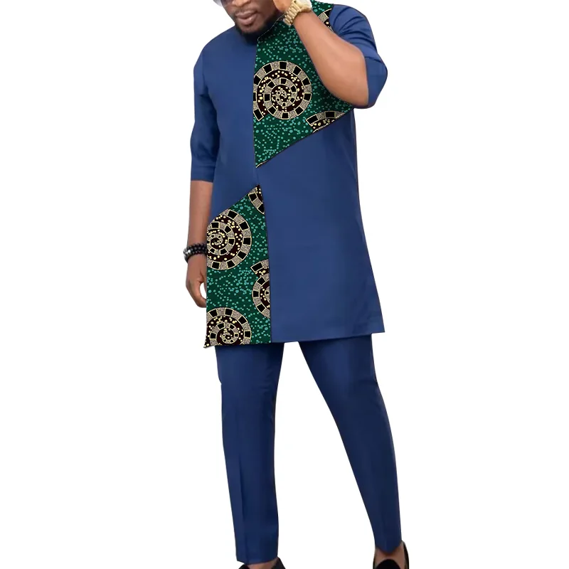 African Patchwork T-Shirt+Solid Pant Half Sleeve Tops Dark Blue Men\'s Set Nigerian Fashion Wedding Outfits