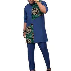 African Patchwork T-Shirt+Solid Pant Half Sleeve Tops Dark Blue Men's Set Nigerian Fashion Wedding Outfits