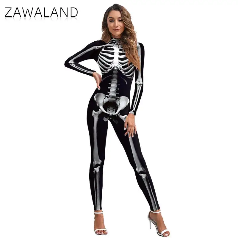 Zawaland-fantasia de esqueleto de Halloween para mulheres, manga comprida, bodysuit sexy, festa, macacão show, carnaval, festival catsuit, roupa