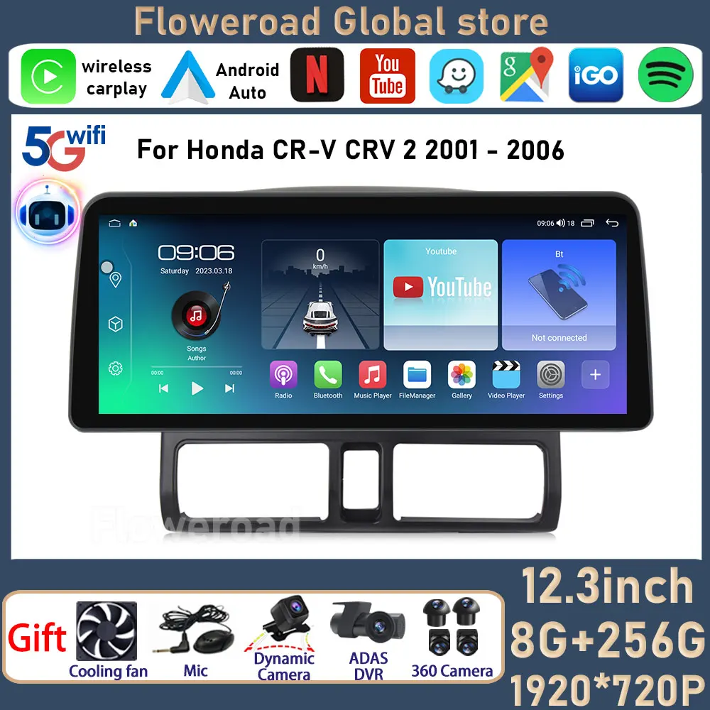 

12,3 дюймовый Android авто для Honda CR-V CRV 2 2001 - 2006 Автомобильный мультимедийный видеоплеер автомагнитола GPS навигация 8 + 256G QLED экран