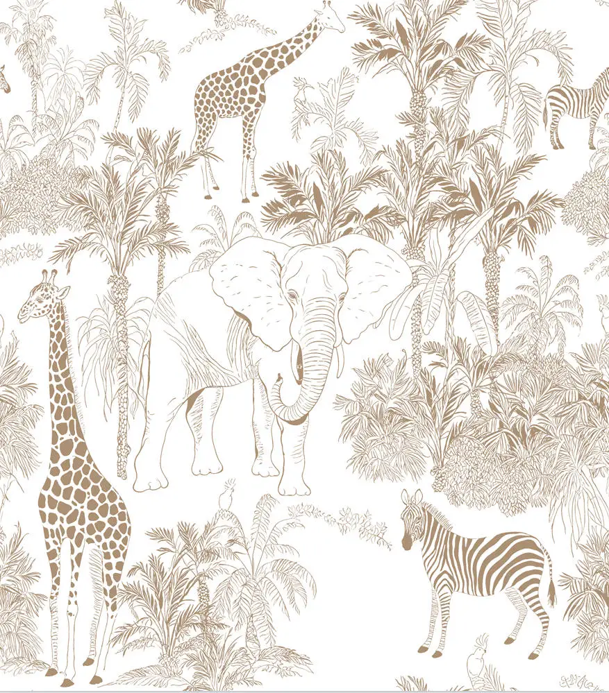 Tropical Jungle Animal Wallpaper Mural White Beige Elephant Giraffe Zebra Palm Tree Line  Stick Wall Decor Nursery Living Room