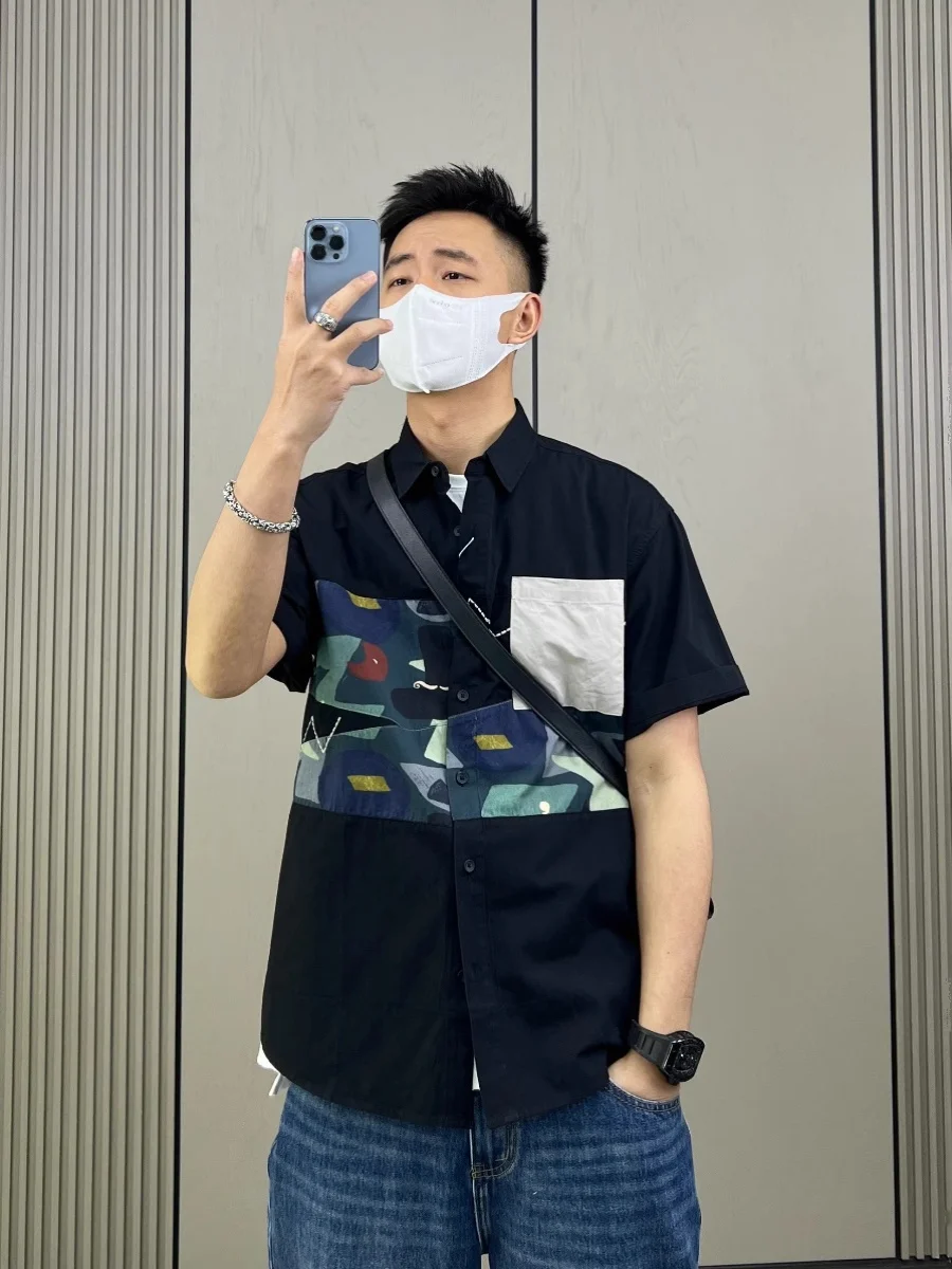 

plus Size Floral Print Patchwork ort Sve Men's irt Trendy Summer Breathable Loose Fit Collar Casual irt