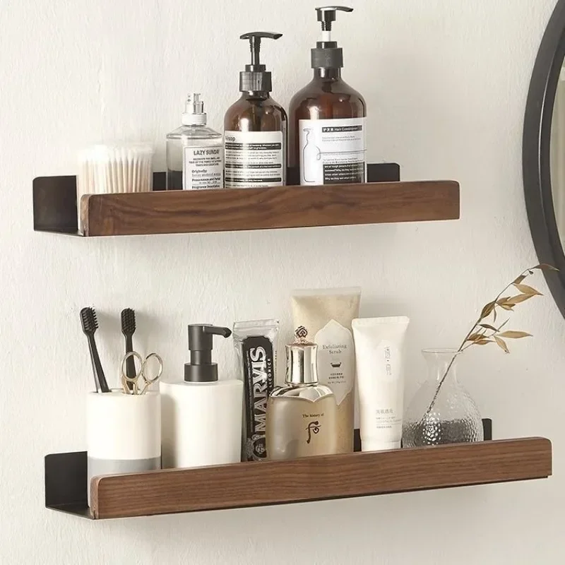 Estante de baño sin perforaciones, estante de almacenamiento de madera maciza, estante de baño sin perforaciones, organizador de inodoro de ducha montado en la pared