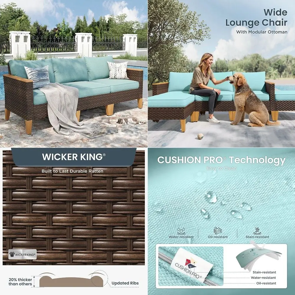 

Wicker Patio Furniture Sofa Set, 3 Seater Rattan Couch with Deep Seating for Poolside, Garden 2 x Single Sofa, Aqua Green