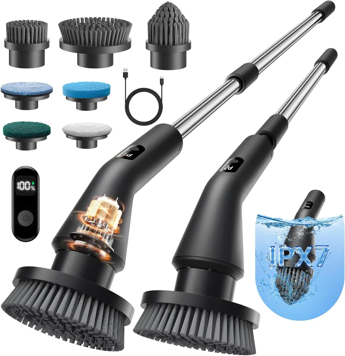 Cordless Electric Spin Scrubber with 7 Brush Heads, IPX7 Waterproof, Extendable Handle for Bathroom, Floor, Tile