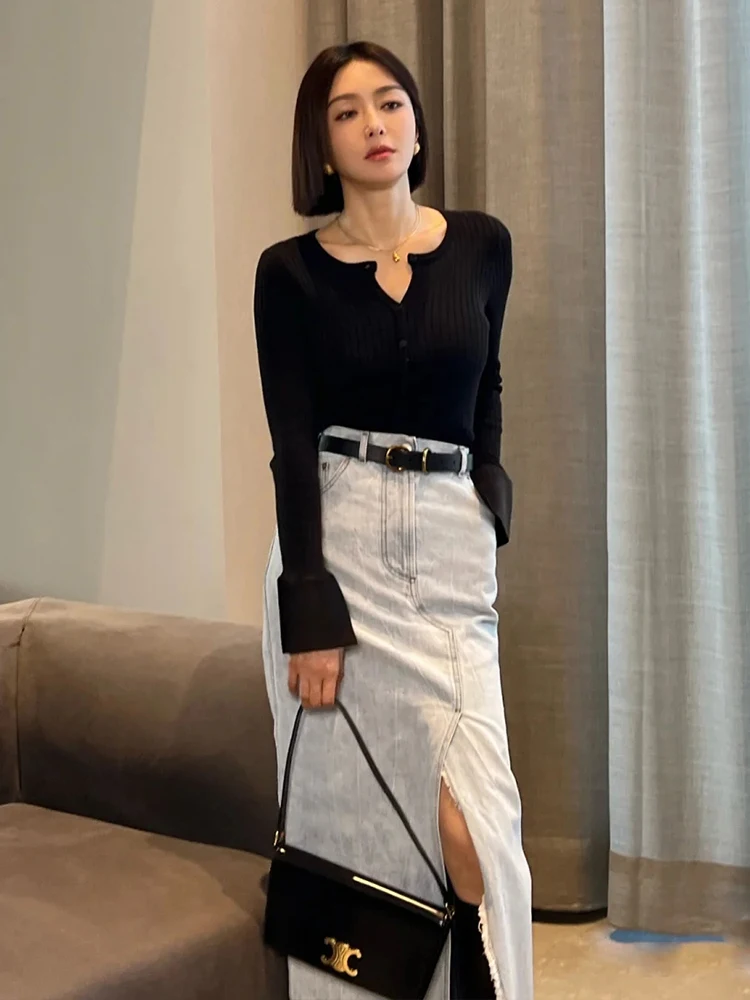 

Bla Knitted Top with Bell Sves And Denim Skirt Set for Women Retro Commute Sle Slim Fit Cotton Blend Long Sve