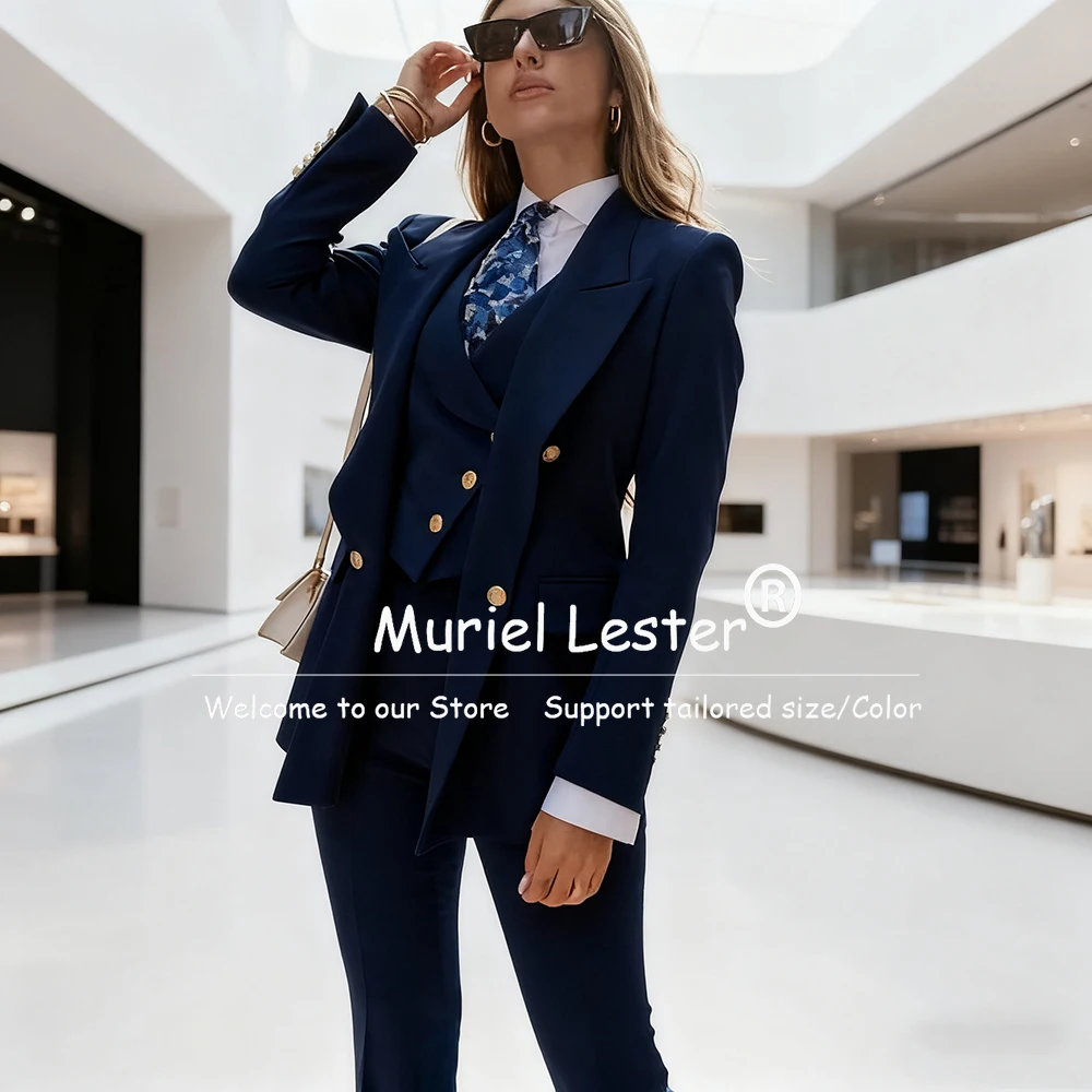 Elegant Blue Women's Suits Double Breasted 3 Piece Sets Jacket Pants Vest Female Clothing Slim Fit Smart Office Lady Blazer