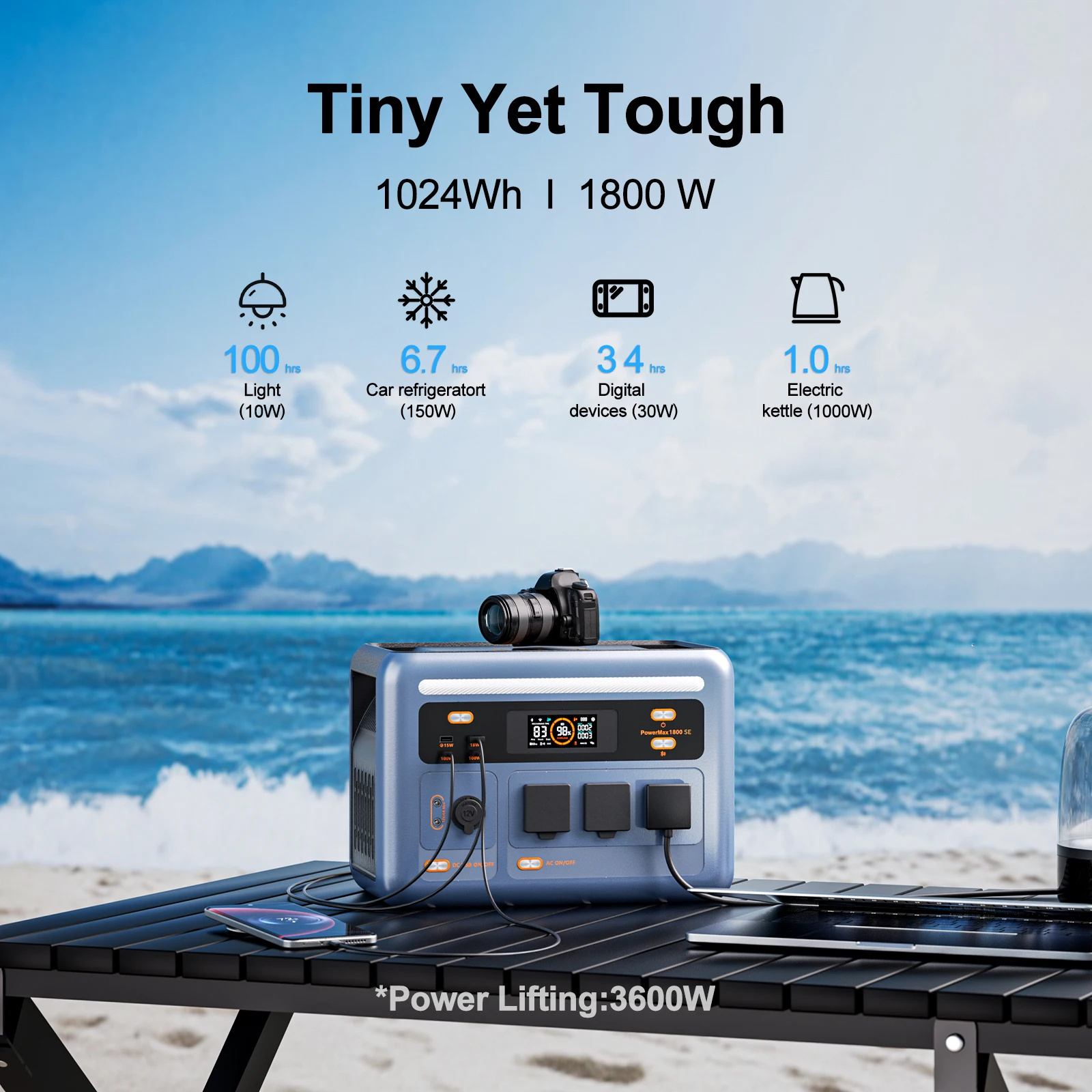 OSCAL PowerMax 1800SE Portable Power Station, 1024Wh LiFePO4 Battery, 1800W Continuous AC Output, 3600W Surge Power, 100W USB-C Output, Solar Generator for Camping, RV & Home Emergency Power Supply