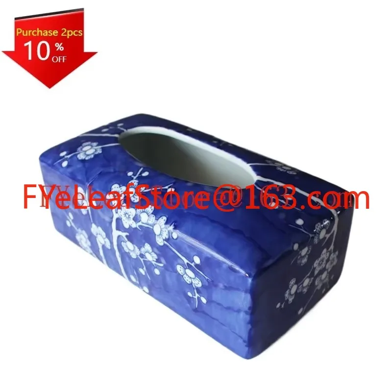 New Chinese Blue and White Porcelain Ceramic Tissue Box Decoration Retro Furnishings Living Room Home Coffee Table.