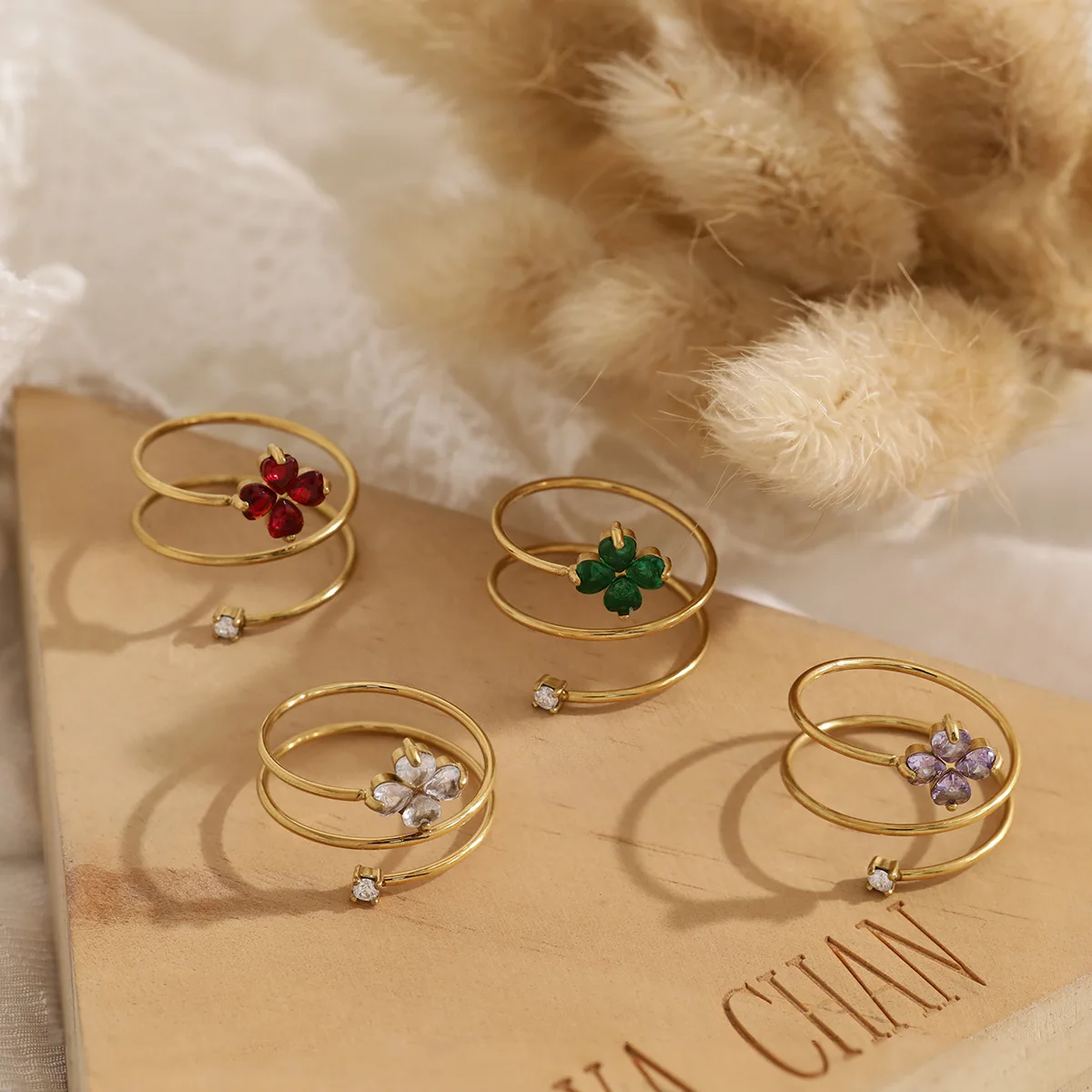 Trendy Gold Plated Stainless Steel Double Layer Clover Zircon Open Rings for Women Waterproof Anti Allergic Daily Jewelry Gift