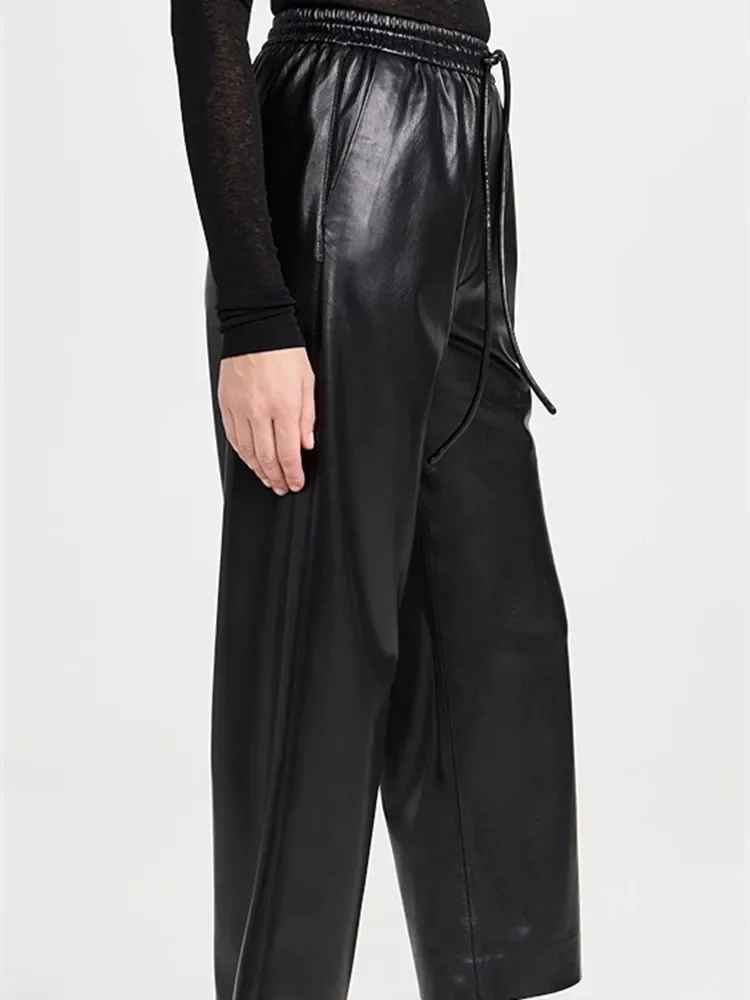 

Women's Black High Waisted Faux Leather Straight Pants with Drawstring Elastic Waist Retro Commuting Trousers