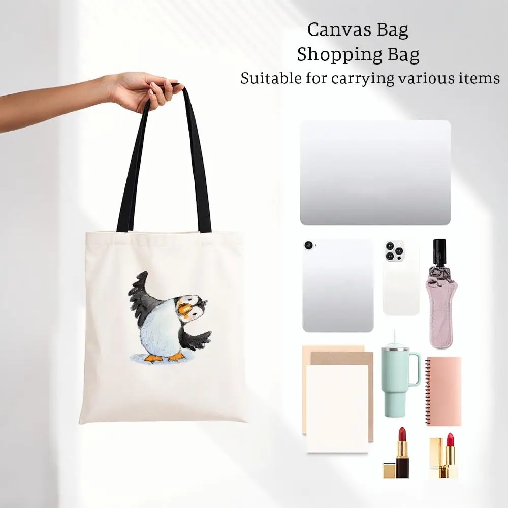 Cozy Elegant Kawaii Puffin Bird Tapestry Storage Bags Lightweight Printed Canvas Bag Portable Daily Shopping Shoulder Bag