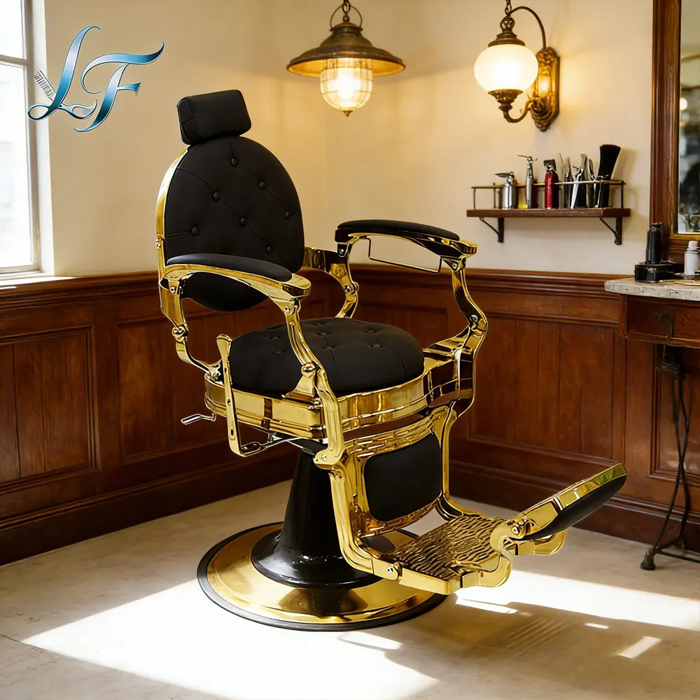 

Black Tufted Leather Round Gold Base Hairdressing Styling Chair Luxury Hydraulic Pump Shaving Barber Chair for Men