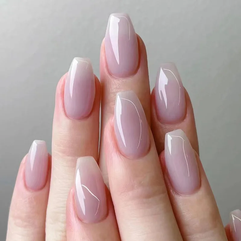 24Pcs Simple Mid-length Ballet False Nails with Glue Gradient Pink Fake Nail Tips Glitter Coffin Press on Nails Full Cover Nails