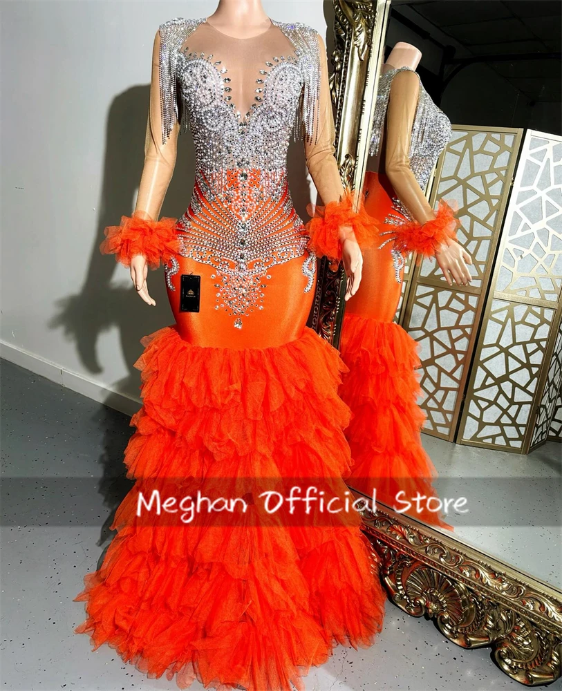 

Orange O Neck Bead Crystal Long Prom Dresses Tassel 2025 Birthday Luxury Dress Tiered Ruffles Formal Gown With Sleeve Customized