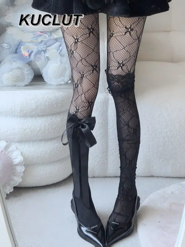 

Японские женские носки в стиле Лолита, готические, универсальные, студенческие, многослойные, с бантом, летние, осенние, сексуальные, ажурные, белые чулки