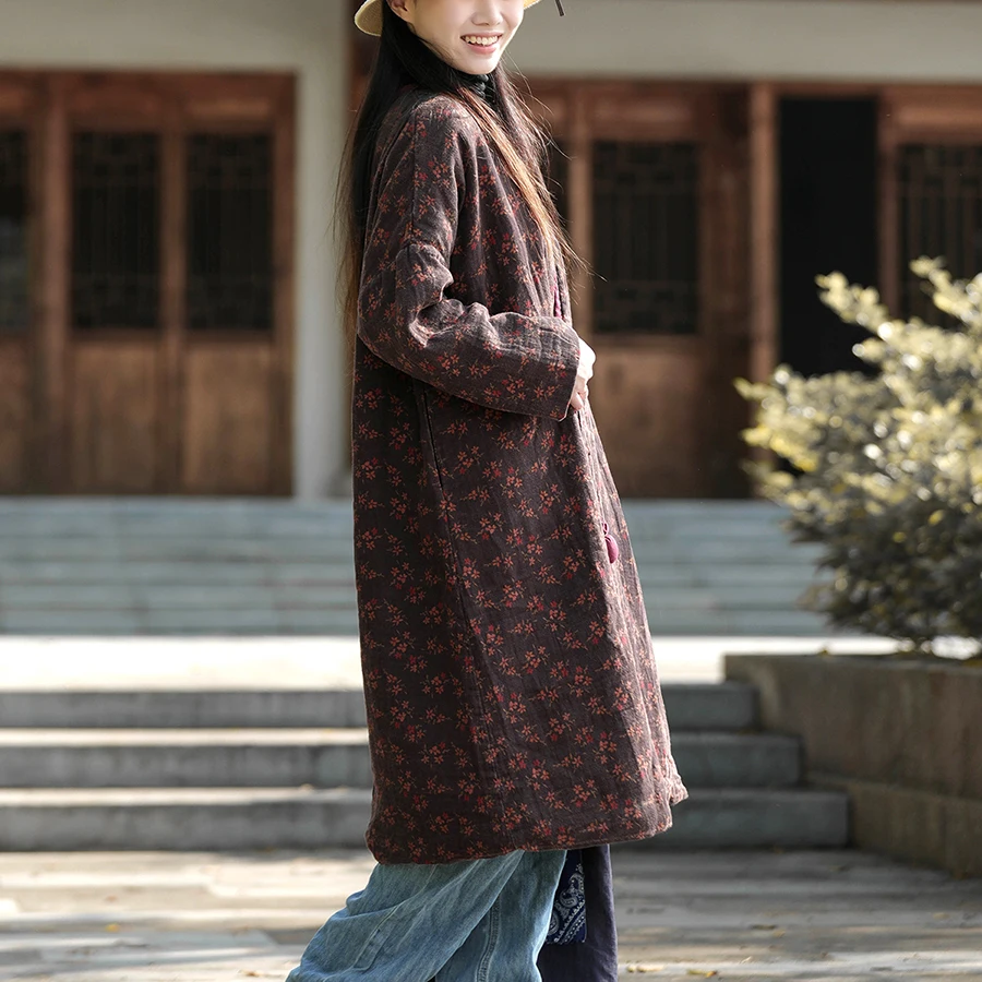 LZJN Winter Thickened Loose Plus Size Cotton Padded Cloth Retro Printed Filled Coat New Chinese Style Elegant Cotton Padded Jack