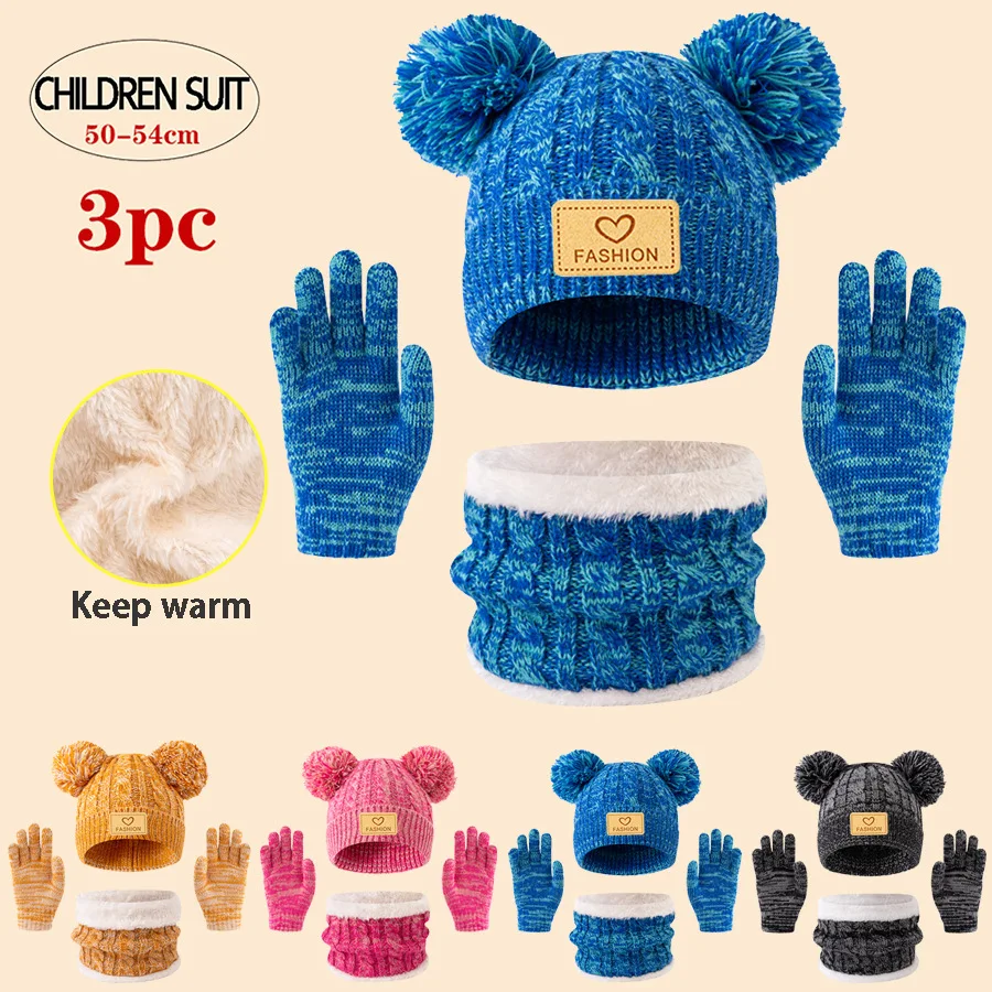 

3pc knitted hats, scarves and gloves for children, suitable for children aged 3-12 to keep warm outdoors in winter.