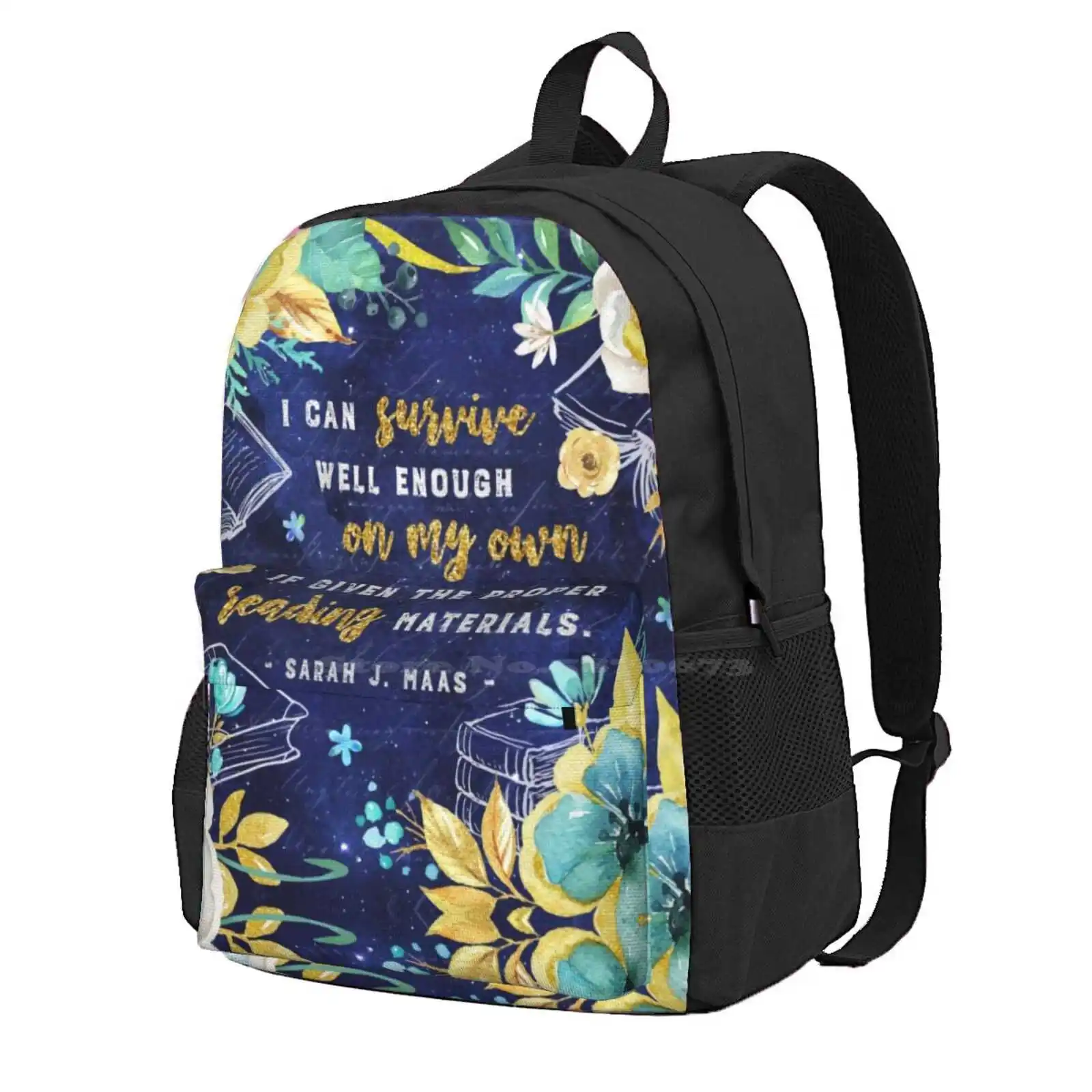 

I Can Survive Hot Sale Schoolbag Backpack Fashion Bags Florals Turquoise Teal Flowers Watercolor Gold Fantasy Throne Of Glass