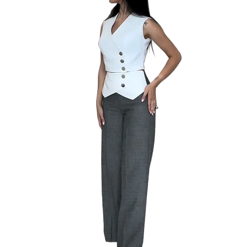 Women Elegant V Neck Button Front Vest Top and High Waist Straight Leg Pants 2pcs Set