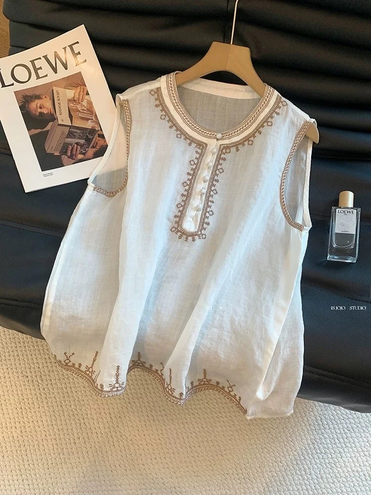

Bohemian Style Embroidered Linen Vest Women Summer Outdoor Unique Beautiful Matching Thin Sleeveless Top round Neck Shirt