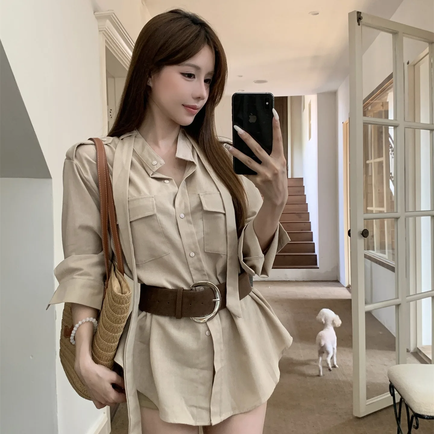 

Женский комплект брюк средней длины irt And ort с поясом, повседневный ленивый комплект светлого цвета хаки, весенне-осенний ансамбль Faion