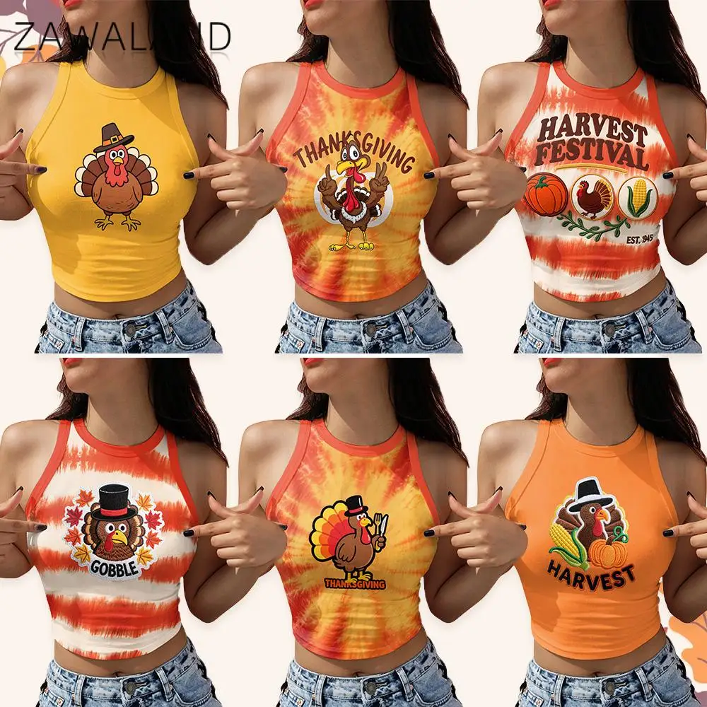 Zawaland Sexy Tank Top Women Sleeveless Streetwear Thanksgiving Costumes Turkey Tie-Dye Print Vest Tops Y2K Clothes