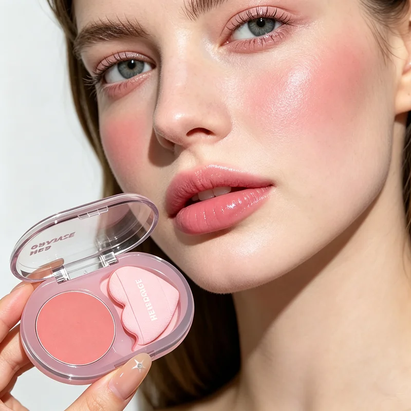 HERORANGE Natural Glossy Cream Blush With Mini Heart Puff Soft Expanding Color Face Rouge Lift Complexion Cheek Makeup