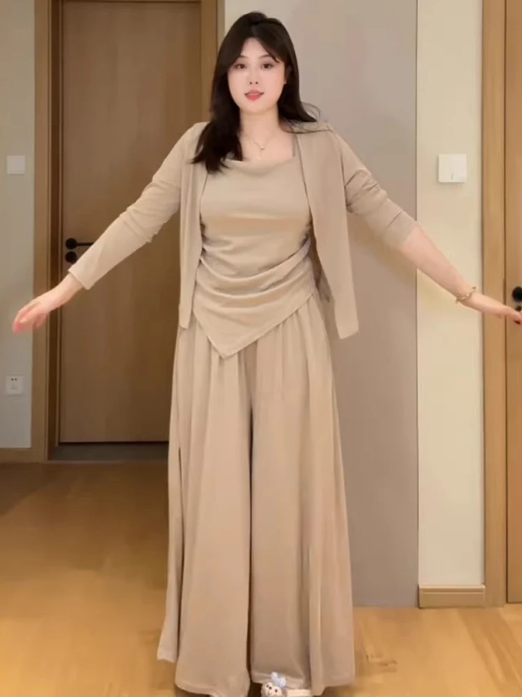 

plus Size Women's Spring Sun Protection Three-Piece Set Wide Leg Pants Drapey Cardigan Fashionable Lazy Style Casual Outfit