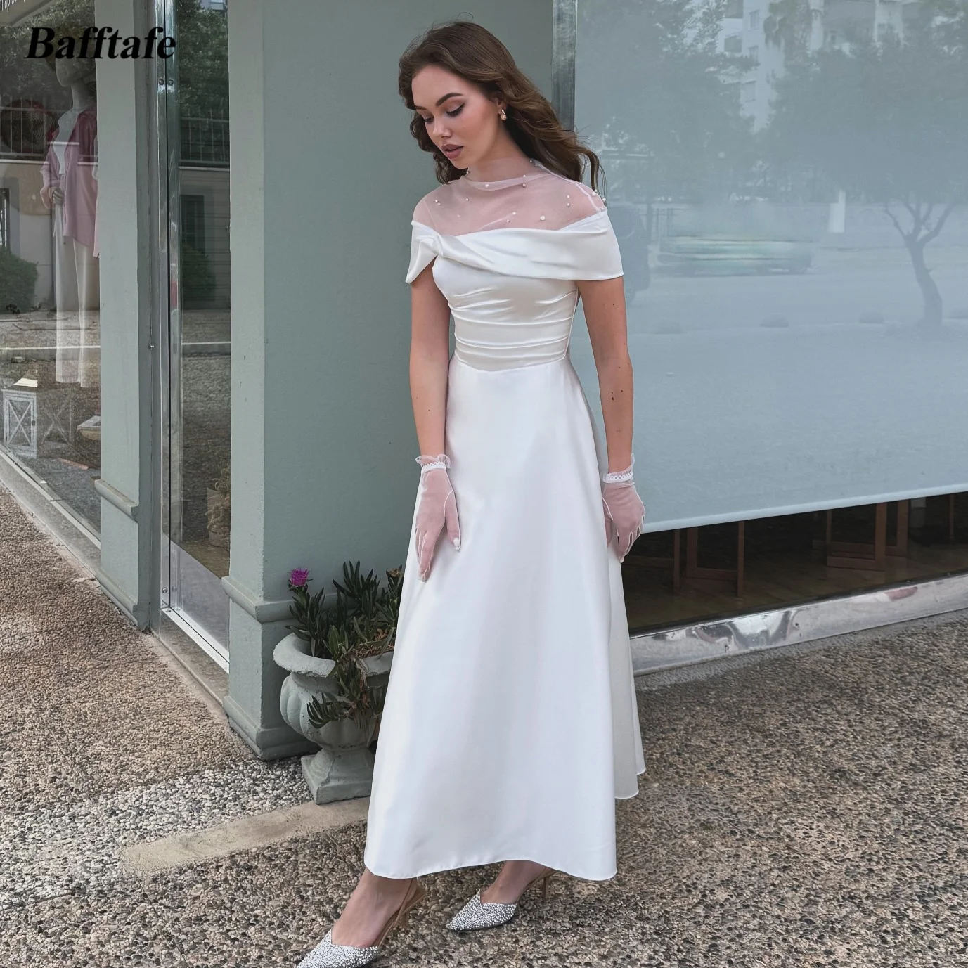 

Toofgon A Line Soft Satin Customized Wedding Dresses Ankle Length Midi High Neck Formal Bridal Wedding Gowns Women Bride Dress