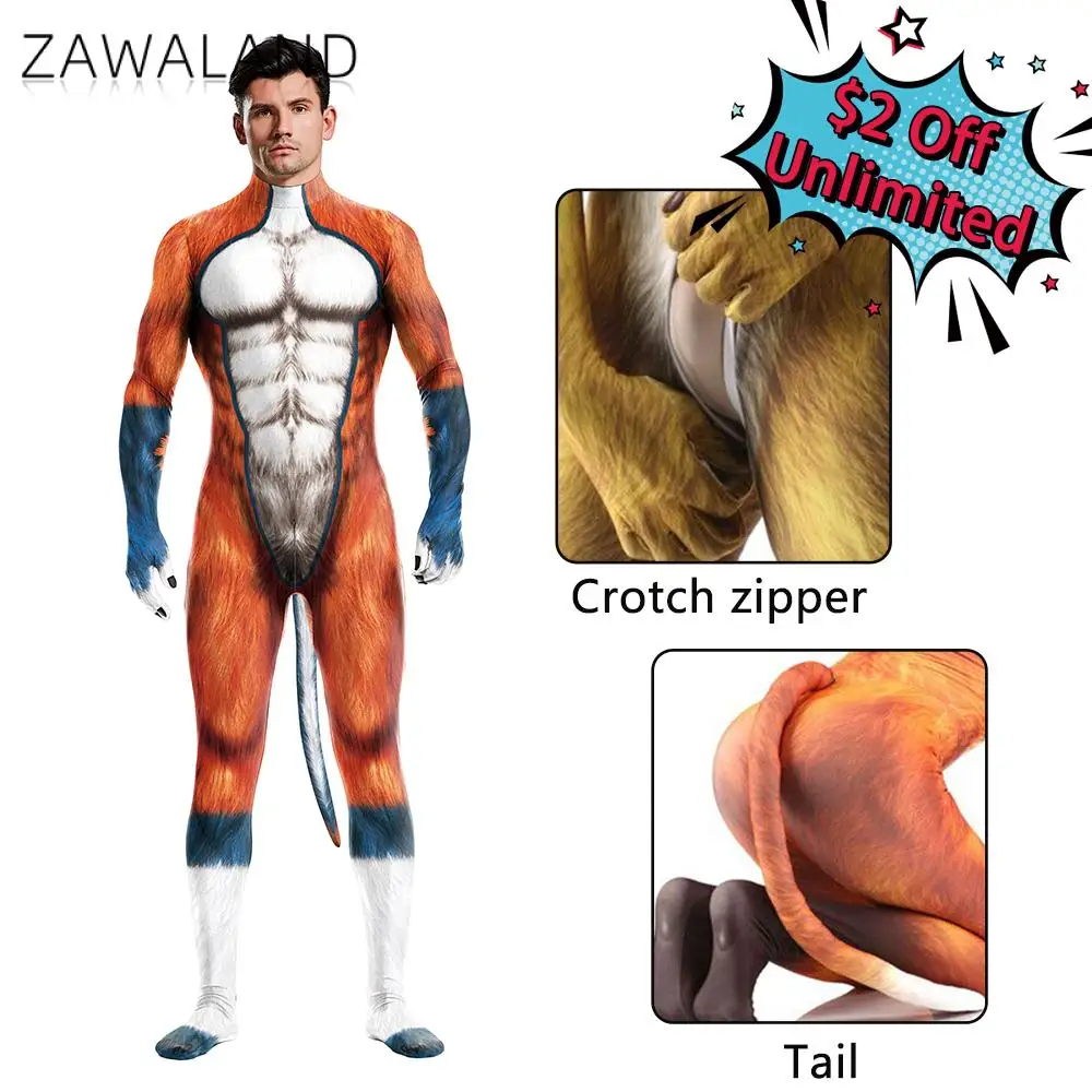 Zawaland-monos de Halloween Zentai con cola, disfraz de Animal Husky, zorro, Lobo, Catsuit impreso, traje de cubierta completa, disfraz de Cosplay